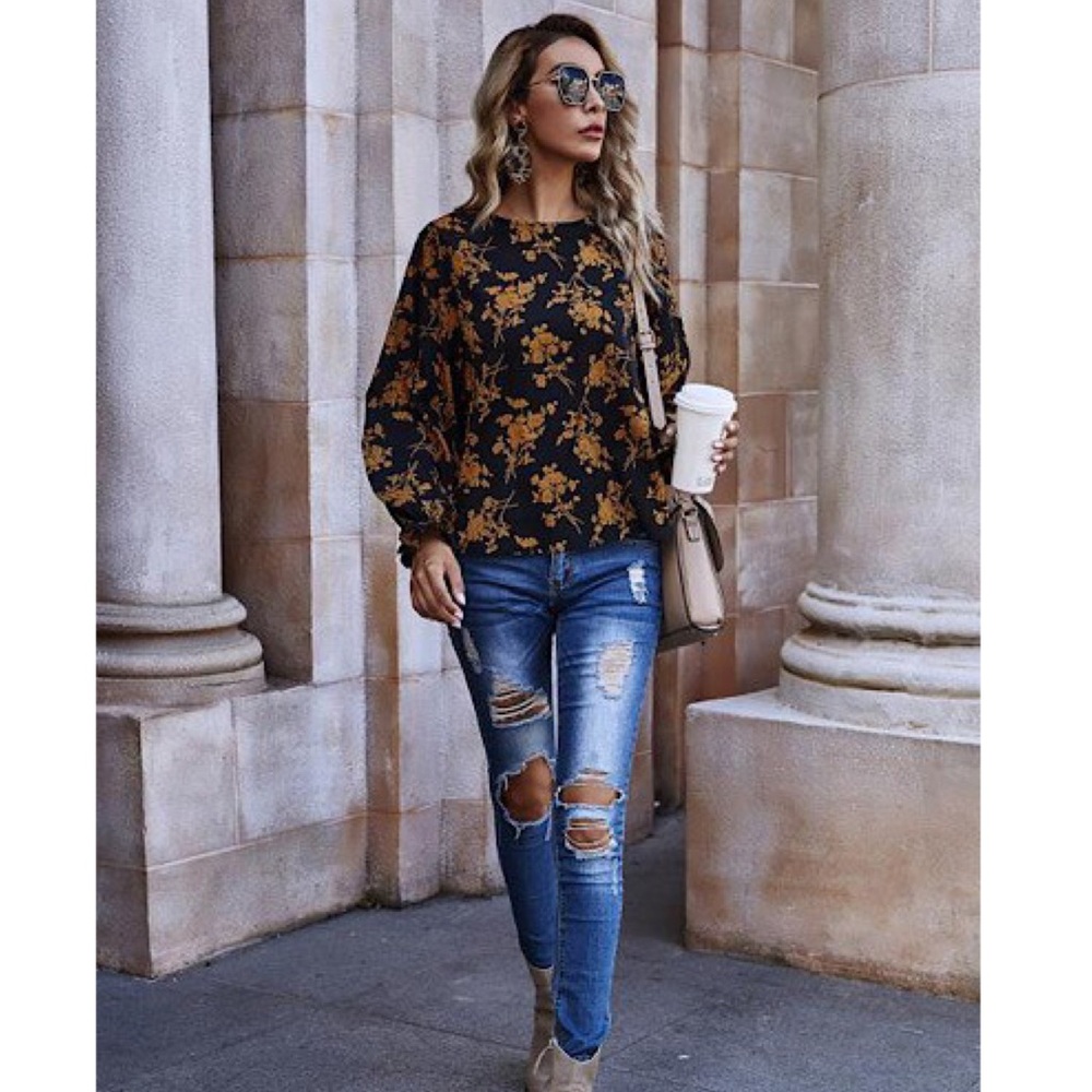 Black Floral Print Ruffle Sleeve Blouse